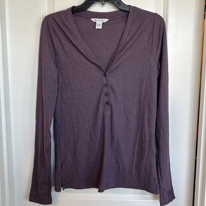 Athleta Purple long sleeve v-neck “Henley” top. Long sleeves have thumb holes.
